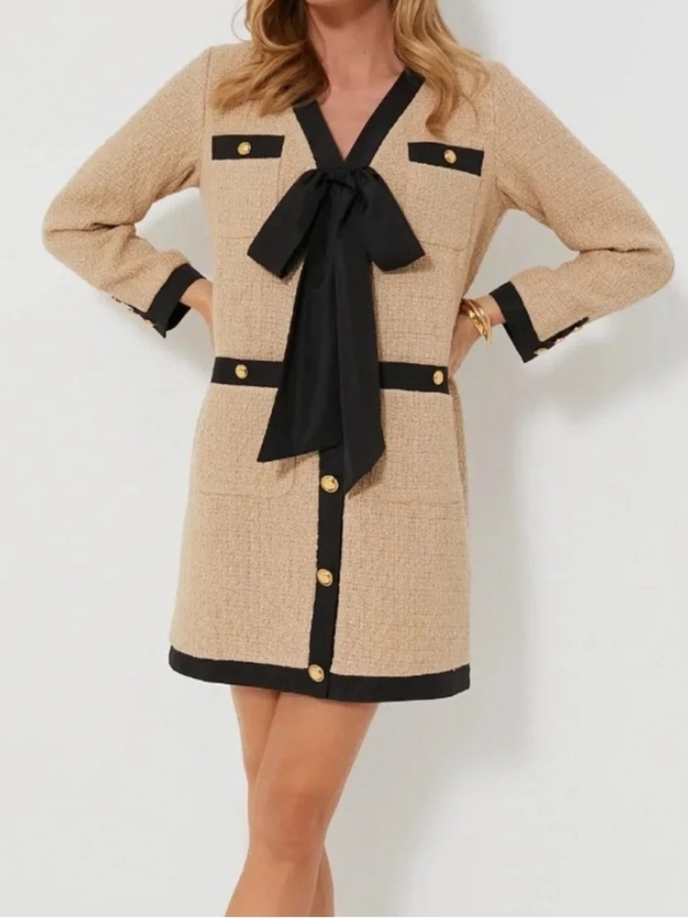 Tuckernuck Pomander Place Tan Coco Tweed Bow Dress Size: L
